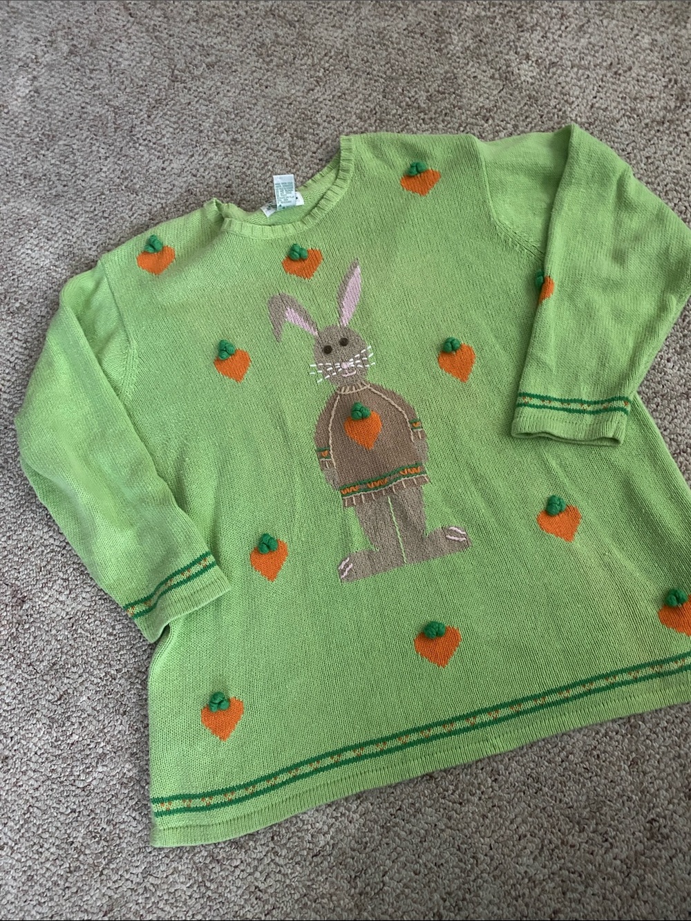 Quacker Factory Lime Green Bunny Sweater with Orange Carrot Accents
